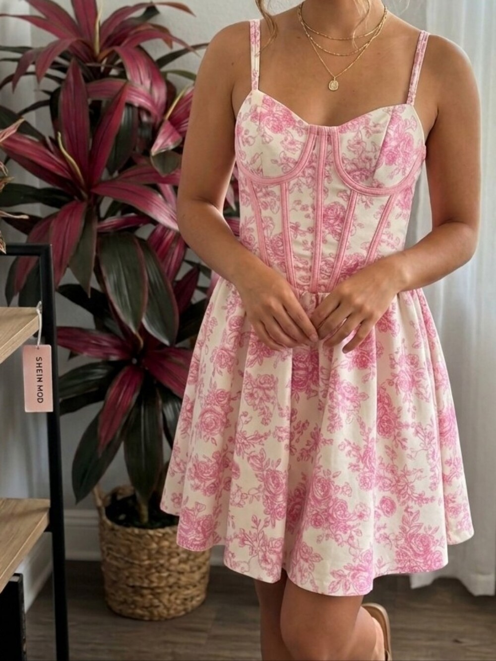 SHEIN MOD Pink Floral Corset Bustier Cami Dress Size XS Or 2